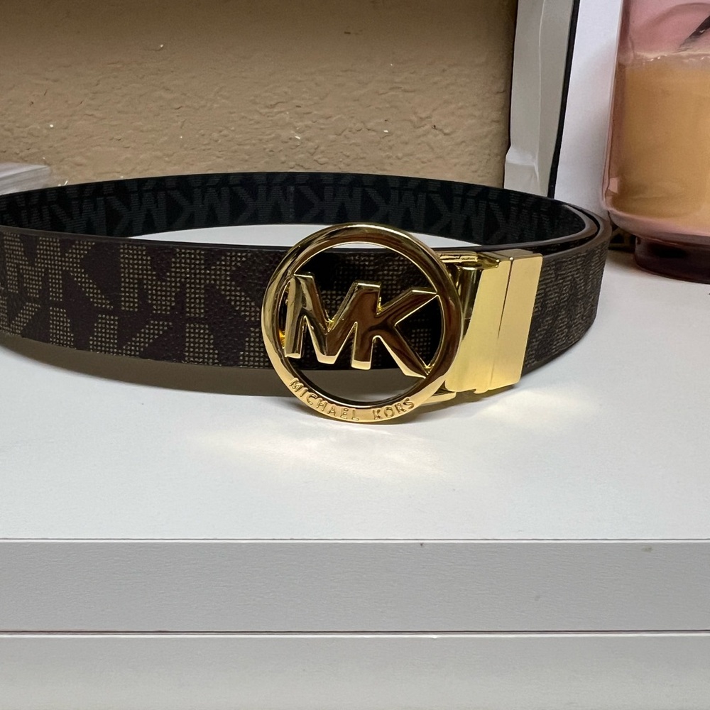 Michael Kors Brown Monogram Logo Belt with Gold MK Buckle